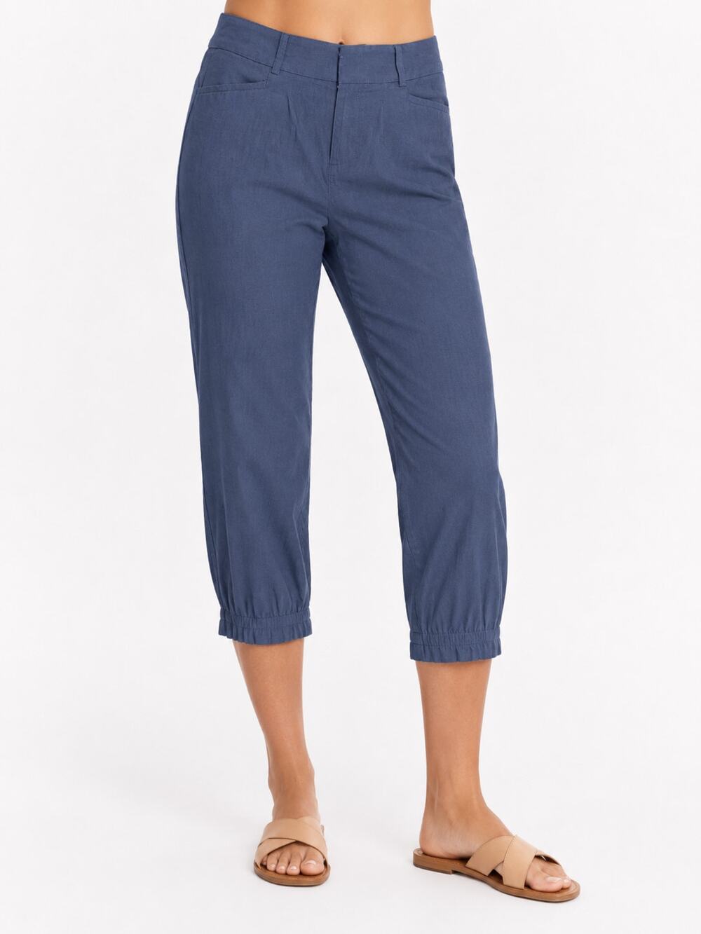 B205 LOFT Riviera Pants Size 0 Blue Cropped Elastic Hem Career Casual